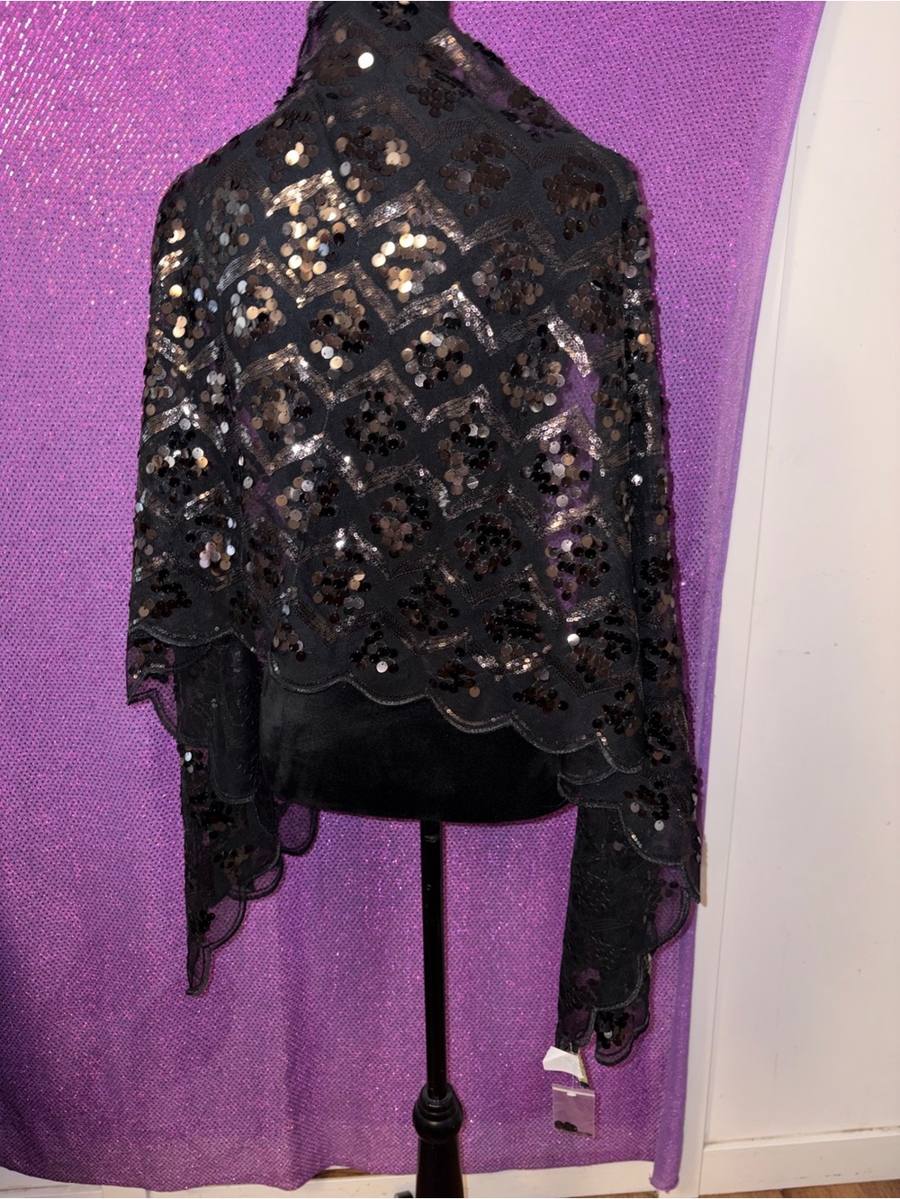 Joan Rivers Black Sequin Lace Capelet Shawl Evening Wrap Sheer Overlay OneSize - Picture 6 of 11